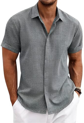 Sprifloral Men's Short Sleeve Linen Shirt Button-Down Shirts Casual Summer Beach Shirt Grey L