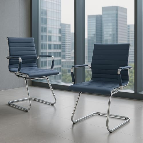 Ya-Home Konferenzstuhl aus Kunstleder Freischwinger Schwingstuhl mit Armlehne Moderner Besucherstuhl mit Chromgestell,2 Stück,Blau