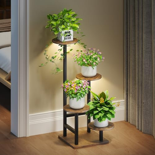 Plant Stand Indoor with Grow Light,4-Tiered Tall Plant Stand Indoor, Metal Plant Shelf with Hanging Basket Hook and Adjustable Light, Ideal for Living Room, Garden, Patio (Black Brown)