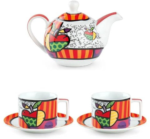 Set da Tè EGAN in Porcellana Decorata – Teiera 470 ml + 2 Tazze con Piattino 200 ml con Fantasia Mela Colorata – Design Moderno e Allegro da Collezione