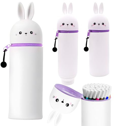 Ambolio Silikon Federmäppchen,2-in-1 Schulmäppchen aus weichem, Stand up Federmäppchen,2-in-1 Silikon Federmäppchen,Tier Stifthalter,Cartoon,Kawaii (Kaninchen)