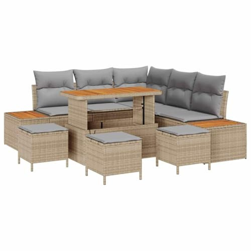 vidaXL Garten-Sofa-Set mit Kissen 9 pcs Beige Poly Rattan, Garten- und Terrassenmöbel, rechteckig, modern, verstellbar, modular, langlebiges Rattan-Dining-Set, für die Terrasse