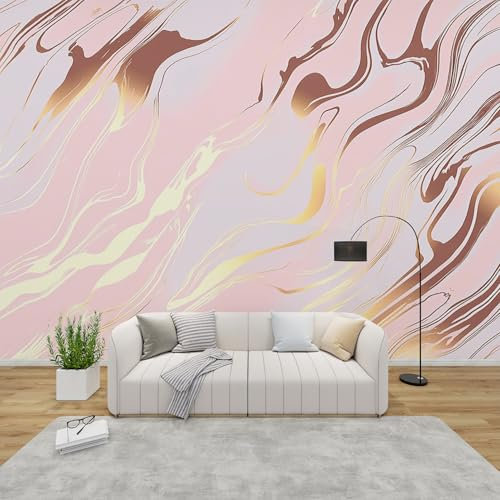 AevuCub Marble Mural Wallpaper for Living Room Bedroom Decor - Pink and Gold Wall Mural, Modern Abstract Wall Art, Non-Woven Photo Wallpaper 3D Effect, 300x210 cm