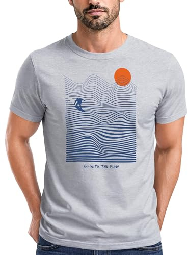 Neverless® Herren T-Shirt Surfshirt mit Wellenlinien, Sonne & Surfer Motiv – Sommer Grafikshirt im minimalistischen Look Fashion Streetstyle