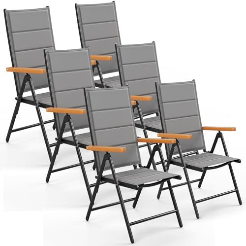 LIFERUN Gartenstühl Hochlehner Klappbar, 6er Set Aluminium Balkonstuhl, WPC Armlehnen, mit Gesteppte Rückenlehne & Sitzfläche,7-Fach Verstellbar,Bis 120 kg, Outdoor Esszimmerstuhl, Grau, 6 PCS