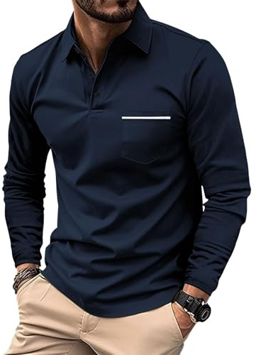 Poloshirt Herren Langarm Männer Polo Shirt Regular Fit Knopfleiste T-Shirts Basic Golf Polohemd
