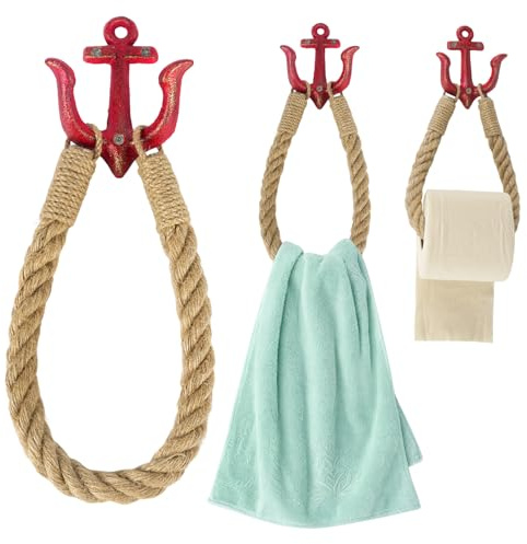 Notakia Crochets muraux vintage en fonte avec ancre nautique, crochets muraux décoratifs pour plage, maison, lac, maison ou salle de bain, porte-serviettes rustique, porte-papier toilette rouge