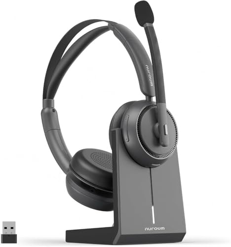 Nuroum HP31D(3rd Gen) Wireless Headset with Microphone, V5.4 Bluetooth Headset with Noise Cancelling Mics, Charging Base, Mute Button, USB Dongle for PC/Laptop/Phone for Zoom/Teams Calls/Skype/Office