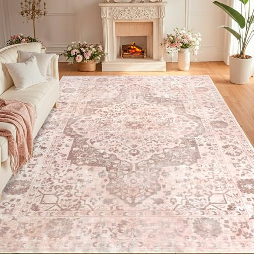 TUKDAK Vintage Teppich Wohnzimmer 200x280cm, Waschbarer Teppich Schlafzimmer, Boho Kurzflor Esszimmer Teppiche, Weich rutschfest Teppiche für Küche Kinderzimmer, Rosa Orange