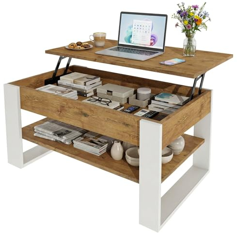 möbelkap Couchtisch mit anhebbarer Platte | Höhenverstellbarer Wohnzimmertisch mit Stauraum | Sofatisch Eiche Lancelot Weiß modern mit Ablage & verstecktem Fach – Coffee Table für Wohnzimmer & Büro