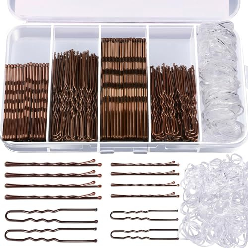 300 Stück Metal Haarklemmen Bobby Pins Haarnadeln,Durchsichtige Haargummis,Hochsteckfrisuren Frisuren Zubehör Frisurenhilfe,Haarschmuck Accessoires Damen (Braun)