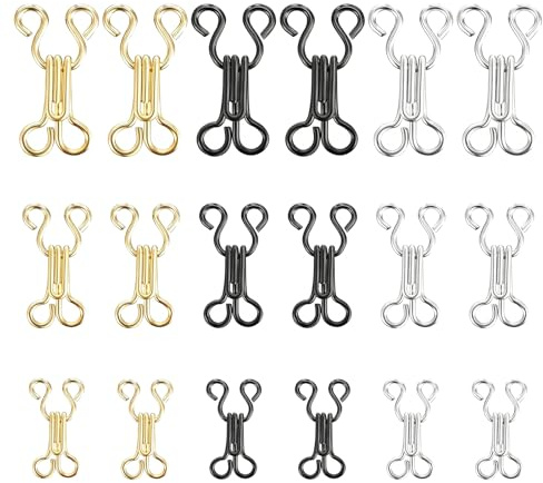 Set di 90 paia di ganci da cucito in acciaio inox, per vestiti, reggiseni, giacche, pantaloni, gonne, accessori fai da te e fai da te, in 3 misure, nero, argento, oro
