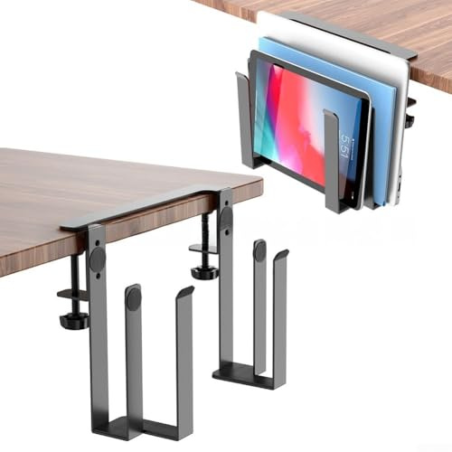 HanOaki Laptop Storage Rack Charging and Cooling Bracket for Desk with Punch-Free Installation Aluminum Alloy Holder for Tablet and Keyboard(black-2)