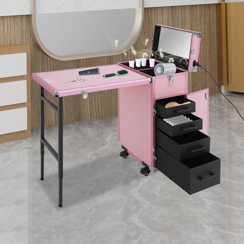 DSYOGX Mesa de uñas plegable portátil para manicura, mesa de manicura con 4 cajones y 4 ruedas, mesa de manicura enrollable para spa, salón de belleza, lugar de trabajo, hasta 50 kg (rosa)