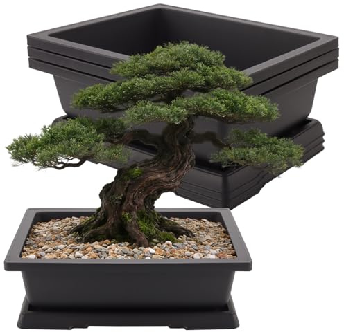 CHEUKYIU 4 Stück Bonsai Schale, 36 x 26,2 x 10,6cm Kunststoff Bonsaischale mit Untersetzer, Bonsai Töpfe für Wohnzimmer, Garten, Balkon
