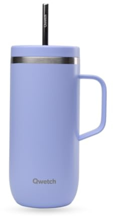 QWETCH - Cold Cup 600ml avec Poignée et Paille - 24h Glacé & 12h Froid - Glycine - Gourde Isotherme en Inox, Tasse Thermo Café