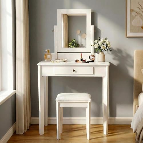 CLP Schminktisch Set mit Hocker und Spiegel Velia, Kosmetiktisch mit Schublade, Sitz gepolstert, Gestell aus Pappelholz, Farbe:weiß