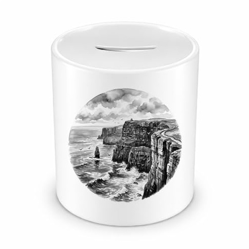 Samunshi® Spardose mit dem Motiv Cliffs of Moher aus Irland County Clare - Spardose für Fans Sparschwein mit Motiv Sparbüchse Cash weiß 330ml