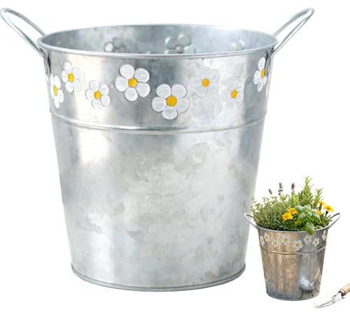 Bemonew Maceta de metal para exteriores, cubo de flores galvanizado, maceta de metal grande para plantas al aire libre, contenedor de lata rústico para decoración de granja, redonda