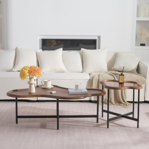 Cagnolier Couchtisch Holz 2er Set, Wohnzimmertisch Holz, Couchtisch Glas | Braun, Gehärtetes Glas, Massivholz, für Wohnzimmer, Coffee table,118x77x40 und 59x52x49 cm, kratzfeste Tischbeine，Wasserdicht