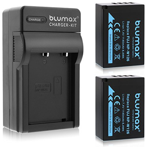 Blumax Lot de 2 batteries compatibles avec Fujifilm NP-W126s [1140 mAh] + chargeur Fuji NP-W126 pour X-A1 X-A7 X-E4 X-H1 X-M5 / X-Pro3 X-S10 X-T3 X-T30 II X-T200