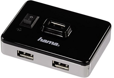Hama 4-Port USB-2.0 Hub mit Netzteil und EIN-/Ausschalter, kompatibel auch mit Windows 10, schwarz/Silber