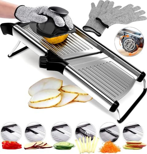 Mandoline Food Slicer - 6-Setting Adjustable Mandoline Slicer for Kitchen 16.5 x 5 in Platform Hand Guard Cut Resistant Gloves - Vegetable Chopper, Meat Slicer, Cheese Slicer by Medove