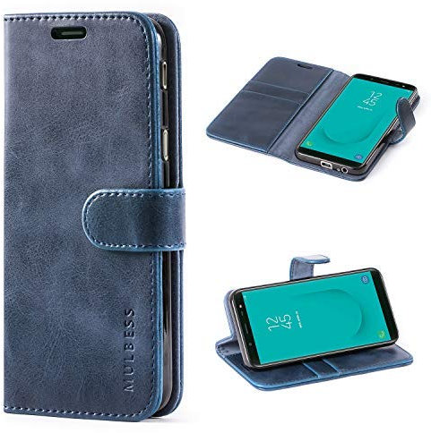 Mulbess Custodia per Samsung Galaxy J6 2018, Cover Magnetica Flip con Chiusura, Fessura Carte Portafoglio, Portacellulare Protezione, Vintage Navy Blu