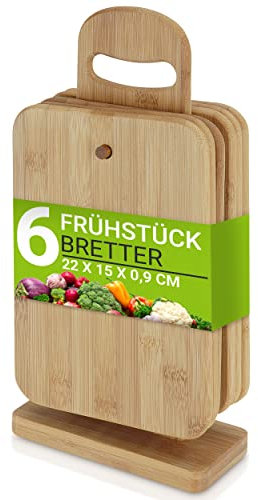 Oramics Schneidebrett Set – 7 teilig – 6 Brettchen aus Bambus inklusive Brettchenständer – Frühstücksbrettchen, stabile Schneidebretter mit Ständer für die Küche und den Esstisch