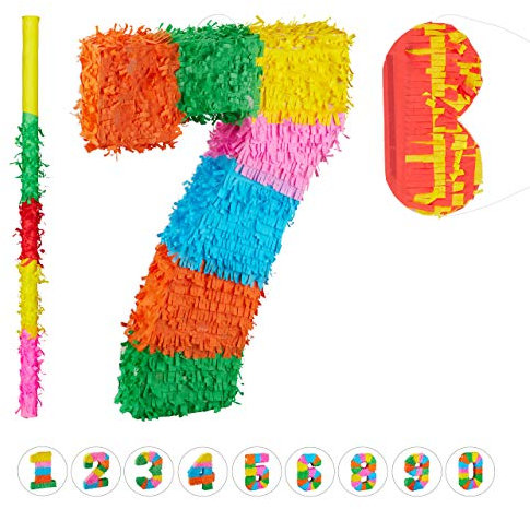 Relaxdays 3 TLG. Pinata Set Geburtstag, Zahl 7, Pinatastab mit Augenmaske, Kinder & Erwachsene, Piñata zum selbst Befüllen, bunt