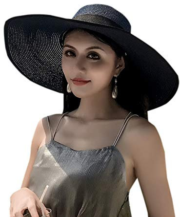 Elonglin Chapeau de Soleil en Paille à Bord Large pour Femme Capeline Pliable Décoration de Ruban pour Extérieur Plage Eté Anti-UV Respirant Bleu Marine (Bordure noire)
