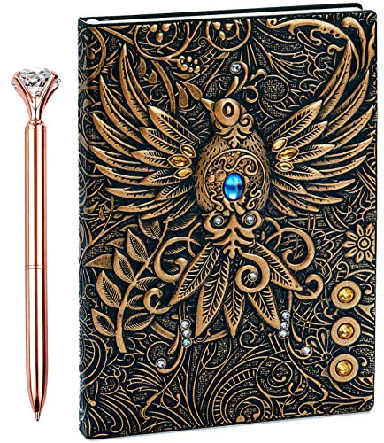 3D-geprägtes Vintage-Leder-Notizbuch mit Stift, antikes handgefertigtes Leder-Notizbuch, Reisetagebuch und Notizbücher zum Einschreiben, Geschenk für Männer und Frauen (Phoenix-Bronze)