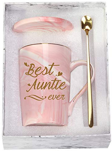Best Auntie Ever Mug Best Aunt Ever Mug Gifts Best Auntie Ever Coffee Mug Auntie Coffee Mug Birthday Mothers Day Gifts for Auntie Aunt from Nephew Niece 14 Ounce Pink with Gift Box Spoon Coaster
