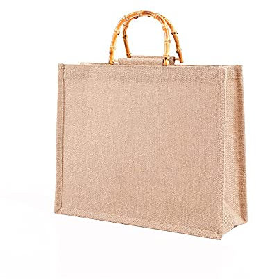 Topwor Borsa per la Spesa Portatile, Borsa Juta naturale con manico in bambù artistico, 39 * 31 * 15cm, Borsa da donna in juta da rivestire, Borsa mare spiaggia per shopping, picnic, regali, viaggi