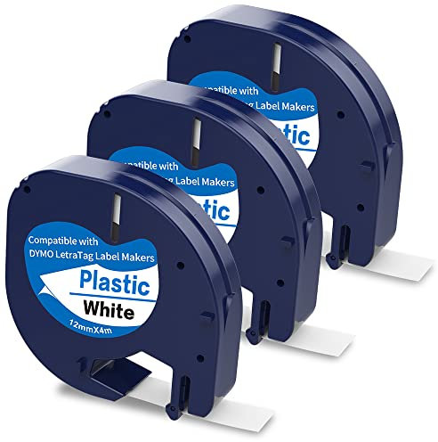 3 X 91201 Plastic Label Tape Compatible with Dymo Letratag Tape for Dymo Letra Tag LT-100H 100T QX50 Label Maker, 12mm x 4m Black on White