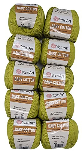 10 x 50g Strickwolle YarnArt Baby Cotton mit 50% Baumwolle, 500 Gramm Wolle einfarbig (grün 436)