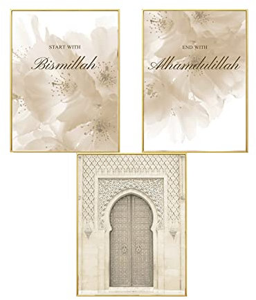 SWECOMZE 3er Poster Set, Islamische Leinwand Wandbilder, Pampasgras Premium Wandposter Set - OHNE Rahmen - Stillvolle Kunstposter Wand Deko Wohnzimmer (Stil A,30 x 40 cm)