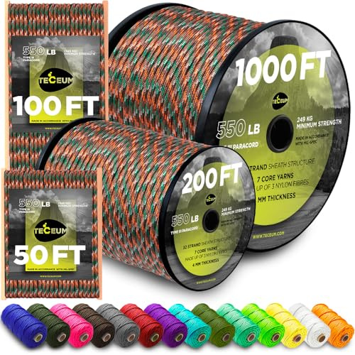 TECEUM Paracord Rope Type III 550 – Tactical MIL-SPEC – Outdoor Para Cord | Mixed Camo, 305m, Clothesline, Camping Fishing Gear and Equipment, DIY, Parachute Cord 4mm, Strong Survival Utility Rope