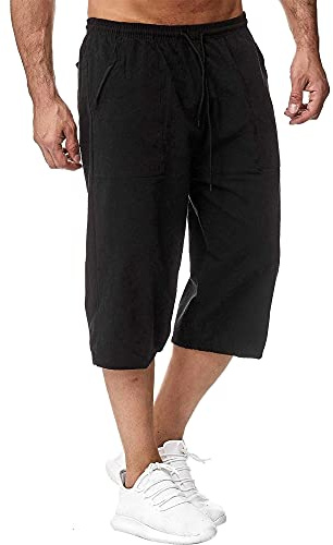 Sprifloral Mens Linen Shorts 3/4 Length Pants Summer Trousers Beach Yoga Joggers Casual Sweatpants Black 4XL