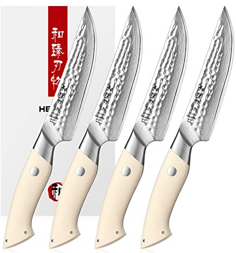 HEZHEN Set de Couteaux à Steak 4PCS, Couteau de Cuisine Damas 67 Couches, Couteaux de Table Professionnelle, Manche en G10 Blanc Accessoire de Cuisson