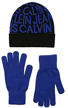 Calvin Klein Jungen Ckj All Over Logo Solid and Glove Set Beanie-Mütze, Mehrfarbig (Surf The Web), 8-16 Jahre