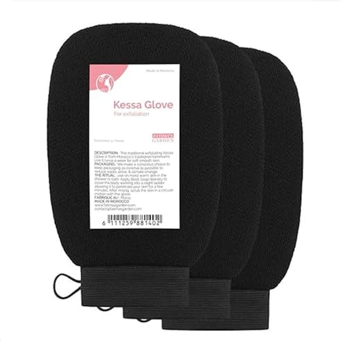 Fatima's Garden Peeling Kessa-Handschuhe - Natürliche Spa-Schrubber, Schwarz (3 Handschuhe)