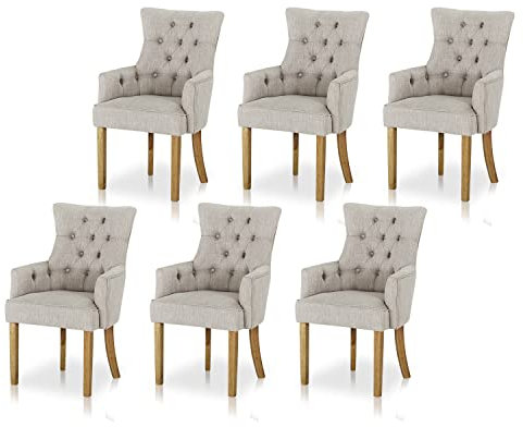 KHG 6er Set Esszimmerstühle Relax-Sessel grau, große Armlehnen - Rückenlehne mit Zierknöpfen, Massivholz Stuhlbeine - Küchenstuhl, Design Stuhl mit Bezug aus meliertem Webstoff