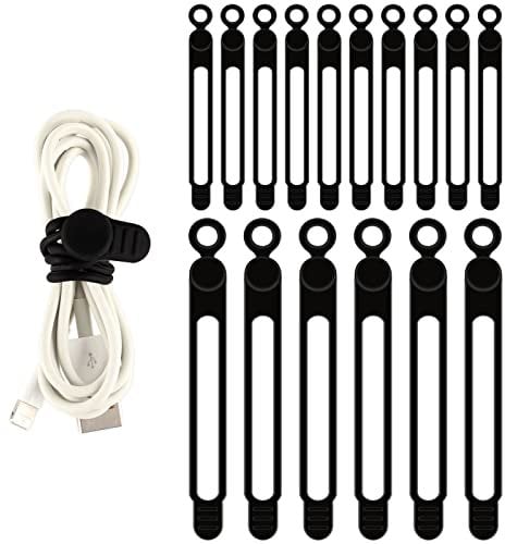 TamBee Cable Ties Reusable Silicone Cable Straps 16pcs Cable Wire Ties Cable Cord Organizers for Earphone Phone Charger Audio Cable Computer (Black-106mm 10pcs, 180mm 6pcs)