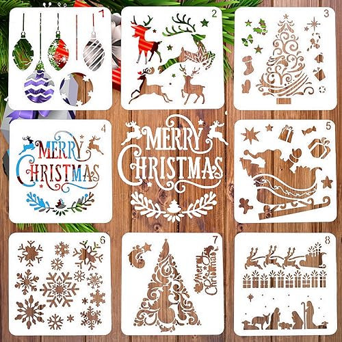8 Stück Schablone Weihnachten Set Xmas Stencils, LYPER Zeichenschablonen Malschablonen aus Kunststoff,Weihnachtsmann Weihnachtsbaum Schneeflocken Glocken Rentier Schablone für DIY Weihnachtsdekoration