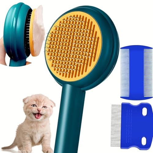 Self Cleaning Slicker Brush & Cat Brush with Massage Particles,Removes Loose hair & Tangles,Skin Friendly & Promote Circulation(BLUE, large)