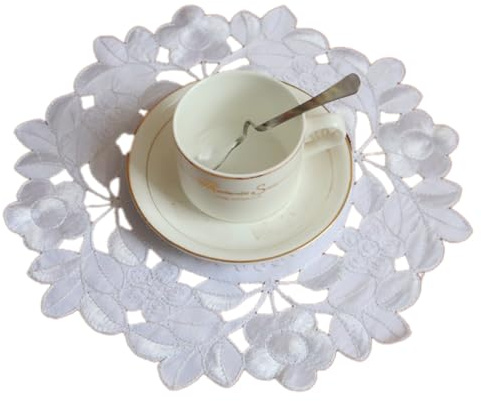 Whakano 2 Stück Retro Spitze Tischsets,Boho Dekor Makramee Untersetzer | Bestickt Blume Runde Deckchen Untersetzer Vase Matte,zum Küche Wohnzimmer,für Hotels,Büros,Cafés,Restaurants,25cm,Weiß