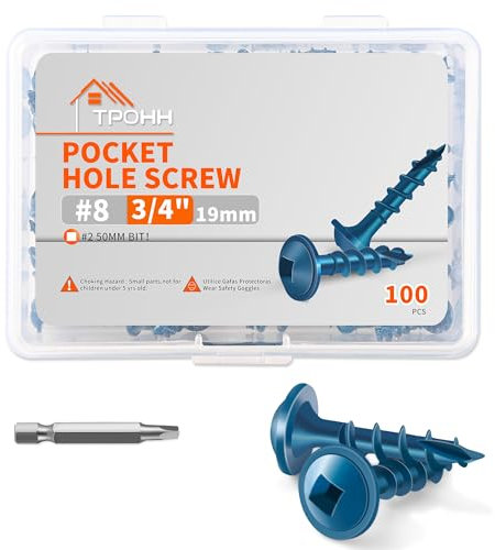 20mm Length Blue Coated, Hardened Steel Pocket Hole Screws, No.8 X 20 mm Square Drive Washer Head Wood Screw, 50mm Bit Included, Coarse Self-Cutting Threaded, Pack of 100 for DIY Projects by TPOHH