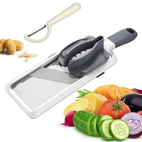 YAMJUG Handheld Mandoline Slicer, Kitchen Slicer with Adjustable Stainless Steel Blade and Food Holder,Easy to Clean, Good Grip Fruits and Vegetable Cutter