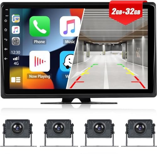 CAMECHO Car Reversing Camera Set with 1080P-4 cameras,10 inch Monitor with Android 13丨2GB+32GB丨Supports Carplay Wireless Android Auto Bluetooth GPS WiFi Loop-Video TF/USB